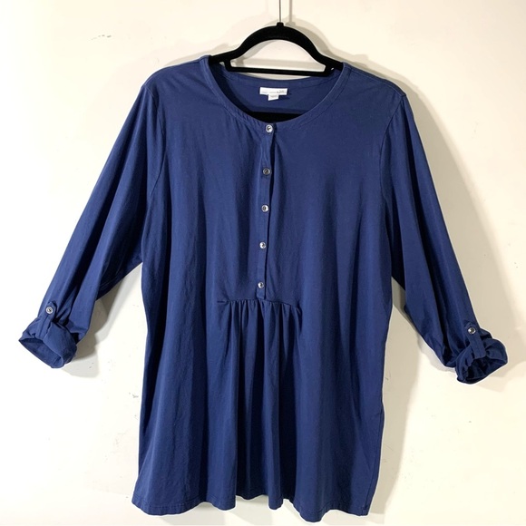 2/$35 J.Jill Blue Henley cotton knit roll tab-sleeve top - Picture 2 of 8